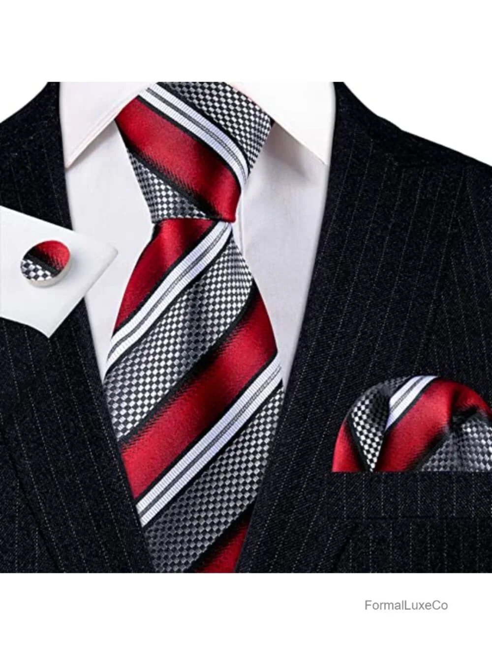 Men's Silk Polyester Tie Set with Pocket Square & Cufflinks, Formal Accessories